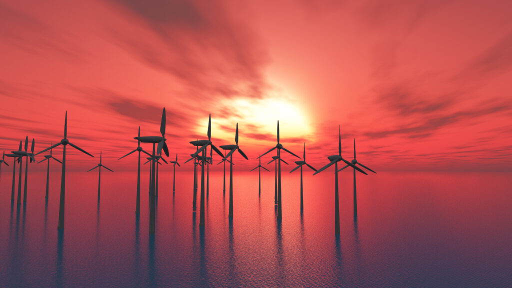 3D render of a wind turbines in the sea against a sunset sky